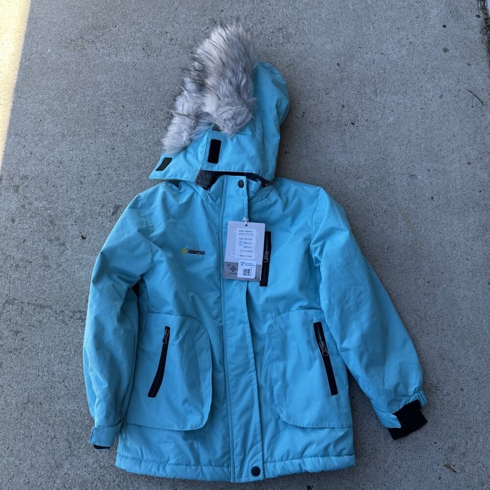GEMYSE Girl's Waterproof Ski Snow Fur Jacket Fleece Windproof with Hood Size 6-7
